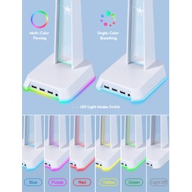 PHNIXGAM RGB Headphone Stand with 3.5mm AUX and 3 Port USB 2.0 Hub, Universal Gaming Headset Hanger Holder for Computer Gaming Gamer Accessories (White)
