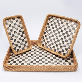 Rattan Serving Tray with Mother of Pearl Inlay,Set of 3 Rectangle Wicker Serving Tray Checkered Pattern,Hand-Woven from Natural Rattan, Serving Baskets for Home Decor and Coffee Table Decor