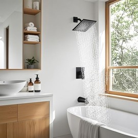 Shower Faucet Set with Tub Spout, 8 Inch Square Wall Mounted Rainfall Shower Head with Rough-in Valve Body, Bathroom Shower Trim Kit Single Function RV Shower System(Matte Black)