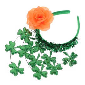 FRCOLOR Shamrock Headband with Clover and Orange Roses St Patrick's Day Hair Accessory for Festive Celebrations and Parties