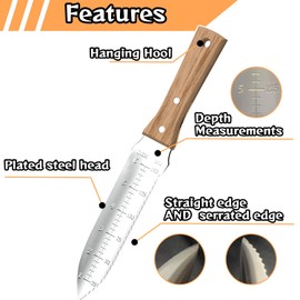 Averbro Hori Hori Garden Knife, 7" Stainless Steel Blade with Ruler & Serrated Edge, Wooden Handle, Belt-Loop Sheath for Digging, Weeding, Planting – Model HHK-A01