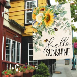 Baccessor Hello Sunshine Summer House Flag Sunflower Bee Eucalyptus Leaves Yard Flag 28 X 40 Inch Double Sided Burlap Large Spring Summer Flag for Outside Decor