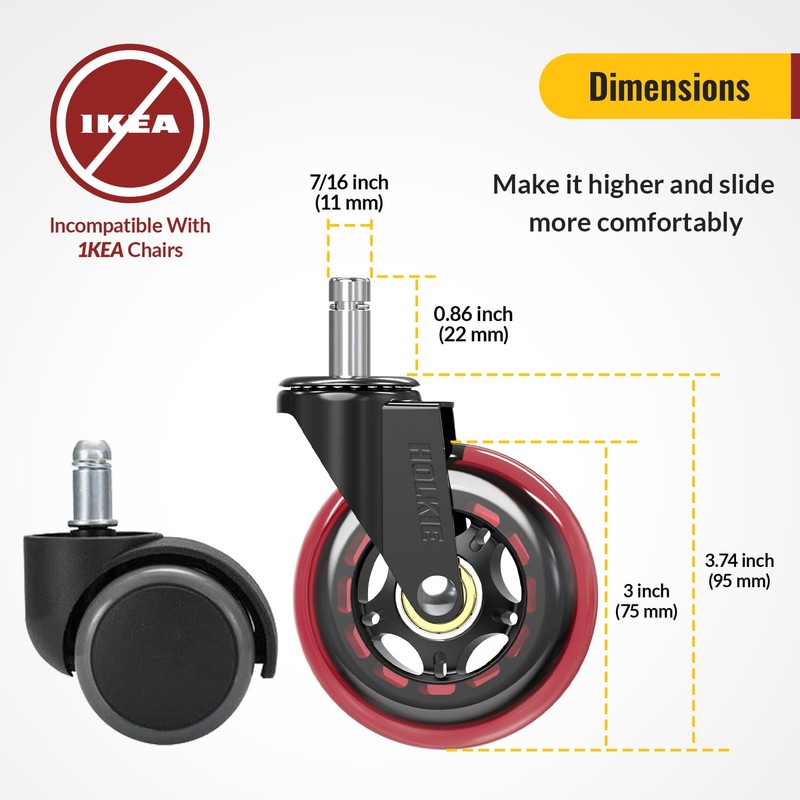 HOLKIE Gaming Chair Wheels - Silent Roller Blade Casters for