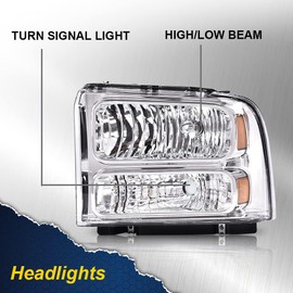 G-PLUS Headlights Assembly Compatible with 99-04 Ford F250 F350 F450 F550 Super Duty/00-04 Excursion Headlamp,Clear lens Chrome Housing Amber Reflector(Professional installation and drilling required)