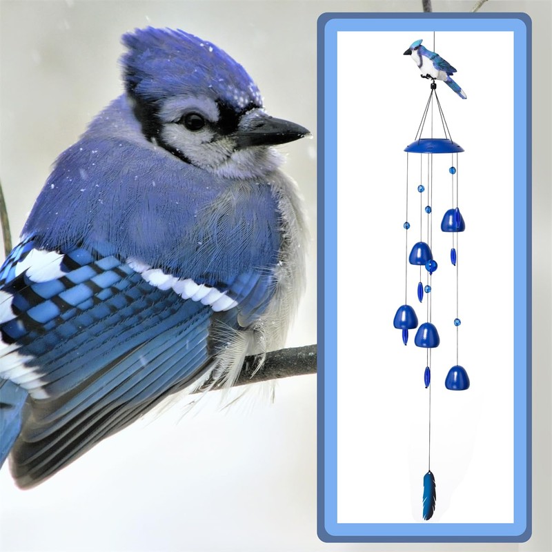 Gardenvy Blue Jay Bird Wind Chimes with Bells, Large Unique
