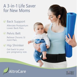 AltroCare 3-in-1 Sacroiliac Pelvis Belt, Postpartum Back Support & Hip Shrinker (Black, One Size M/L).