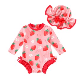 Infant Baby Swimsuit Girl Long Sleeve UPF 50+ Sun Protection One-Piece Rash Guard with Hat Zipper Bathing Suit (Strawberries,6-12 Months)