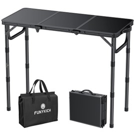 FUNYKICH 3ft Camping Folding Table with 3 Adjustable Height, Portable Picnic Tables, 34.2'' Lx15.7'' W Lightweight Aluminum Outdoor Table with Carry Handle for Camping, Picnic, Backyard, BBQ, Black