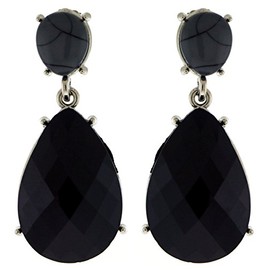 Silver-Tone Drop Dangle Angel Tear Shaped Earrings With Black Faceted Accents TME236