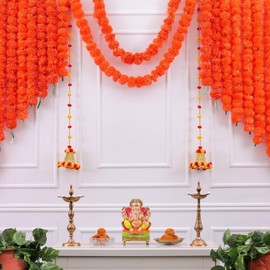 KASHVIYA 25 pc - 5 feet Marigold Garland Wedding Party, Mantel Decoration, Faux Garlands, Wedding Garland, Diwali Decoration, Pooja Decoration, Spring Bush Floral, Christmas (Orange)