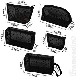 Framendino, 5 Pack Mesh Makeup Bag Set Portable Mesh Makeup Bag Heart Printed Mesh Cosmetic Bag Small Mesh Bags with Zipper for Home Office Travel, Black, 5 Pack