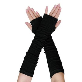 Fingerless Elastic Stretch Armsleeve Winter Warmer Cotton Long Arm Sleeve Length Gloves Thumb Hole Gloves for Ladies Women Girl (Black)