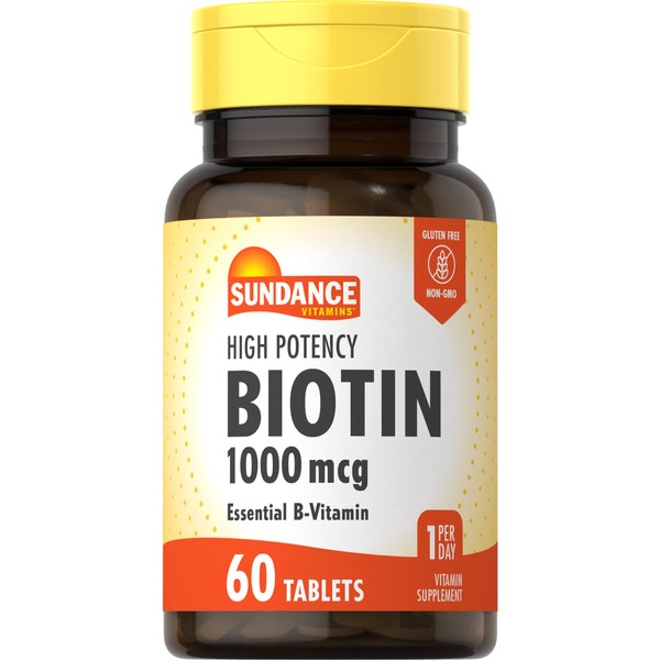 Sundance High Potency Biotin 1,000 mcg | 60 Tablets | Essential B Vitamin | Vegetarian, Non-GMO, and Gluten Free Supplement