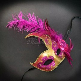 Beyond Masquerade Masquerade Mask with Feathers Gold Hot Pink M6131