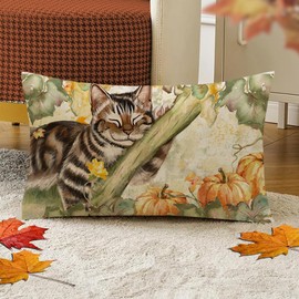 Faromily Fall Cat Pumpkin Pillow Cover 12x20 Inch Seasonal Autumn Thanksgiving Decor Outdoor Fall Pillows Decorative Lumbar Throw Pillow Cushion Cases for Sofa Couch (Sleeping Cat)