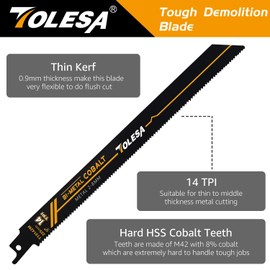 TOLESA Heavy Metal Cutting Reciprocating Saw Blades 9 Inch 14TPI for Pipe, Rebar, Bi-Metal Sabre Saw Blades 5 Pack