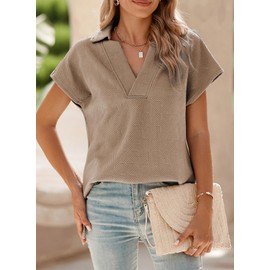 SHEWIN Womens Fashion 2025 V Neck Collared Tunic Top Loose Short Sleeve Work Polo Shirts Business Casual Summer Tops for Women Trendy, Khaki, US 12-14(L)