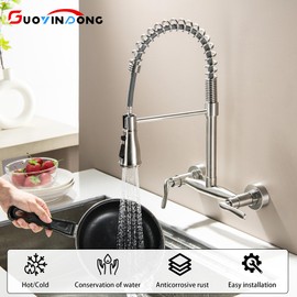 GUOYINDONG Wall Mount Kitchen Faucets, Wall Mounted Kitchen Faucet 8 Inch Center Brushed Nickel Wall Kitchen Sink Faucets with Sprayer