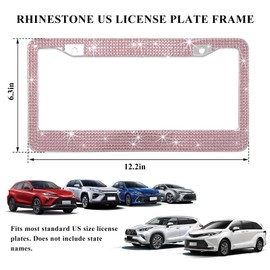 SHMZK Bling Car License Plate Frame, Handcrafted Rhinestone License Plate Frame with Glitter Screw Caps, Sparkly Bedazzled Diamond Stainless Steel License Plate Holder for Women (Light Pink)