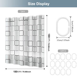 MCSWKEY Cortina de Ducha, 180 * 180cm Cortina para Baño de PEVA Impermeable de Patrón Cuadrado Grande, Cortina de Baño Antimoho Lavable con Ganchos, Cortina Baño para Hogar, Bañera