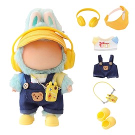 Clothes for Dolls Accessories, Stylish Kawaii Overalls Outfit Headphones Set 6 Pieces Suitable for 15cm 17cm Doll , Doll Hat Headset Boots Clothing Set Replacement
