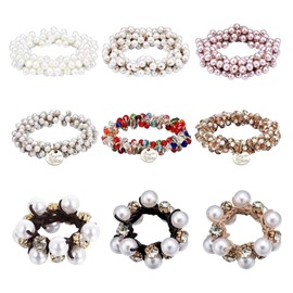 Pack of 9 Crystal Pearl Hair Bobbles for Women's Hair, Elastic Hair Rope Decoration, Elastic Pearl Hair Ties, Fashionable Ponytail Hair Bobbles