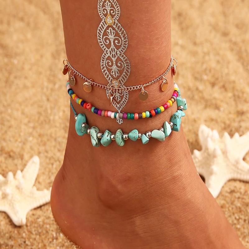 Fashband Boho Layered Anklets Turquoise Beaded Ankle Bracelets Sequins Beach