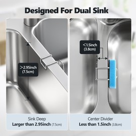 Dlilise 2 Pack Sponge Holder for Kitchen Sink - Movable Hanging Sponge Caddy Organizer, Stainless Steel Caddy in Over Double Bowl Sink for Brush, Stopper - Silver