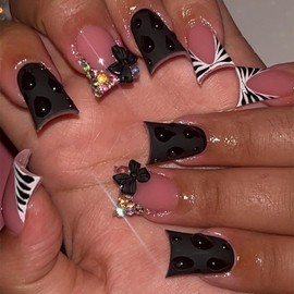 24 Pcs Black Duck Press on Nails Medium French Tip Fake Nails with Water Drop Glitter Rhinestones Acrylic Nails Designs Black Bow False Nail Tips Glue on Nails Full Cover Stick on Nails for Women