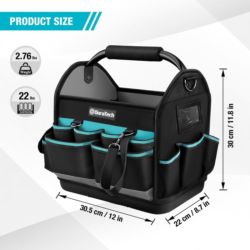 DURATECH 12 Inch Tool Tote with Waterproof Hard Bottom, Electrician