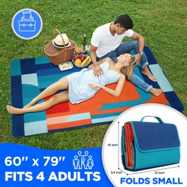 scuddles Picnic Blanket Camping Gifts Extra Large 60 X 80, 3 Layers Outdoor Blanket, Water-Resistant Handy Mat Tote Spring Summer Blanket for The Beach