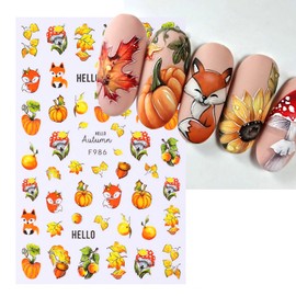 Autumn Nail Art Stickers Decals Thanksgiving Fall Maple Leaf 3D Self-Adhesive Nail Sticker Designs Squirrel Pumpkin Nut Nail Stickers for Thanksgiving Women Manicure Decorations (6 Sheets)