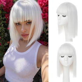 JSDshine White Bob Wig With Bangs - Heat Resistant 14Inch Synthetic Hair, Short Straight Shoulder Length Natural-Looking Cosplay Wig for Daily Use, Parties & Women Girls