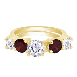 AFFY 0.95 Carat Round Simulated Ruby & White Cubic Zirconia Two Stone Enhancer Guard 925 Sterling Silver Ring Size-5