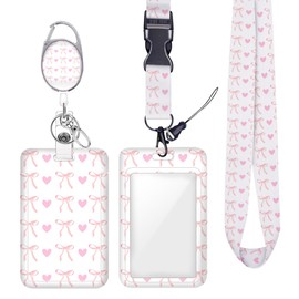 Pink Bow Heart ID Badge Holder Badge Reel Lanyards for ID Badges Work Vertical Protector Retractable Carabiner Clips Heavy Duty Key Lanyard for Women Salesman Dustman Editor Electrician Office Gifts