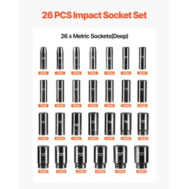 VEVOR Impact Socket Set, 26pcs x 1/2inch Metric 10mm-36mm Impact Sockets, 6-Point Deep Socket Rugged Construction High-torque, Cr-V 1/2 Inches Drive Socket Set Impact with a Storage Cage