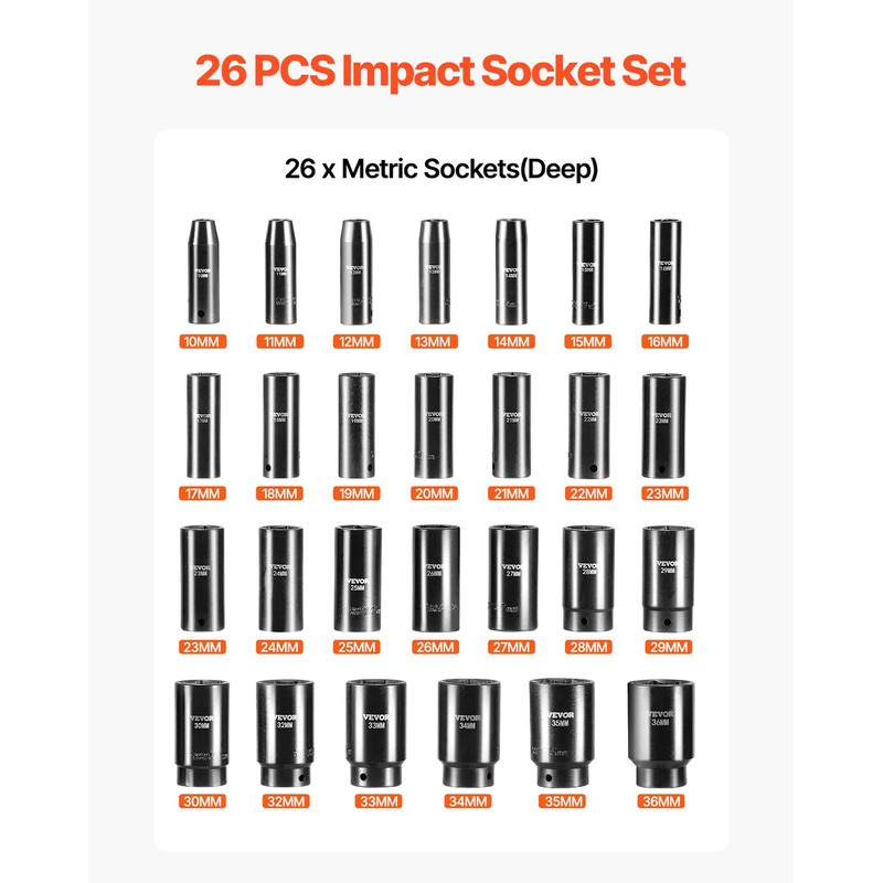 VEVOR Impact Socket Set, 26pcs x 1/2inch Metric 10mm-36mm Impact