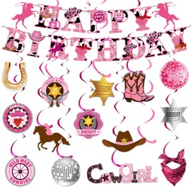 Cowgirl Birthday Party Decorations Girls - 29pcs Pink Western Theme Decor Set with Disco Ball Hanging Swirl, Happy Birthday Banners for Girl Women Wild West Party Supplies