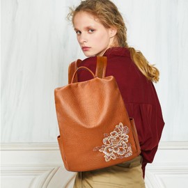 BOYATU Genuine Leather Backpack for Women: Elegant Floral Designer Purse - Anti-Theft Shoulder Bag for Travel (Brown)