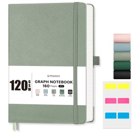 EMSHOI A5 Notebook Graph Paper - 120 GSM Hardcover Leather Squared Journal with Sticky Notes, 160 Pages Grid Notebook for Women Men Work School Graphing, Engineering, 14.5 X 21 cm - Light Green