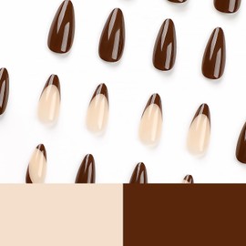 24 Pcs French Tip Press on Nails Medium Almond False Nails with Glue Brown Full Cover Nail Tips Natural & Reusable Fake Nails with Designs Glossy Acrylic Glue on Nails Stick on Nails for Women Girls
