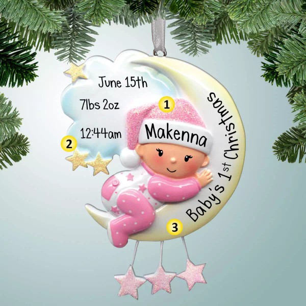 PersonalizedFree.com Baby Girl Hugging Moon - Personalized Ornament - Baby's