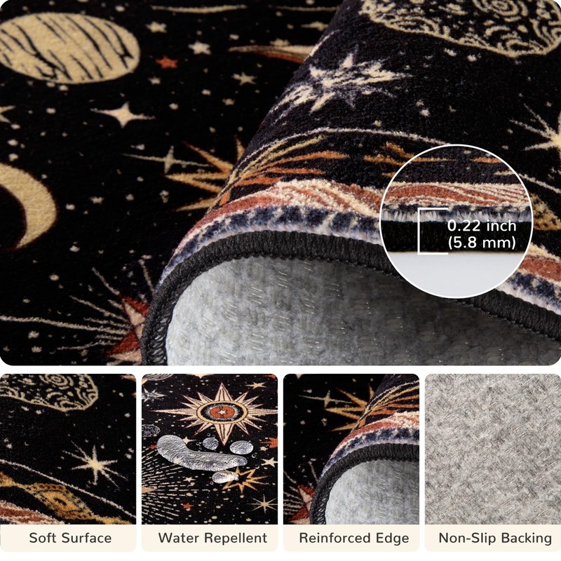 meejou Vacuum-Friendly, 5x7 Washable Area Rug, Black Gold Beige Red
