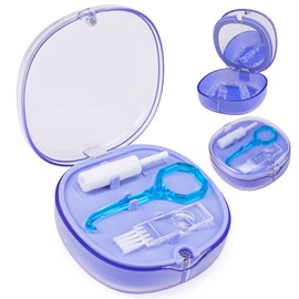 Double-layer Retainer Box Case Orthodontic Teeth Aligner Case with Mirror, Dental Night Mouth Guard Holder with Retainer Remover Tool, Chew and Brush - Secure Magnet Closure - Transparent Blue