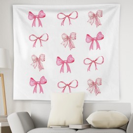 WNAGT Coquette Pink Bow Tapestry Wall Hanging, Preppy Room Wall Decor, Coquette Room Wall Decor, Bow Room Decor, Pink Girly Aesthetic Wall Blanket Decor for Girls Room Dorm Apartment, 50x60 Inch
