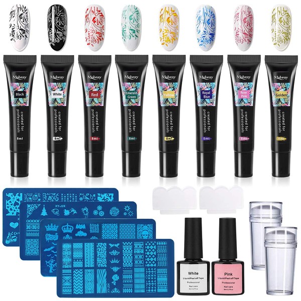 TopDirect 8 Colors Nail Stamping Gel Polish 8ml + 4pcs Nail Stamping Templates + 1 Stampers with 2 Scrapers, Nail Art Stamping Kit Polish Stamper and 36 Design Scraper Nail Plate Print Manicure Tool