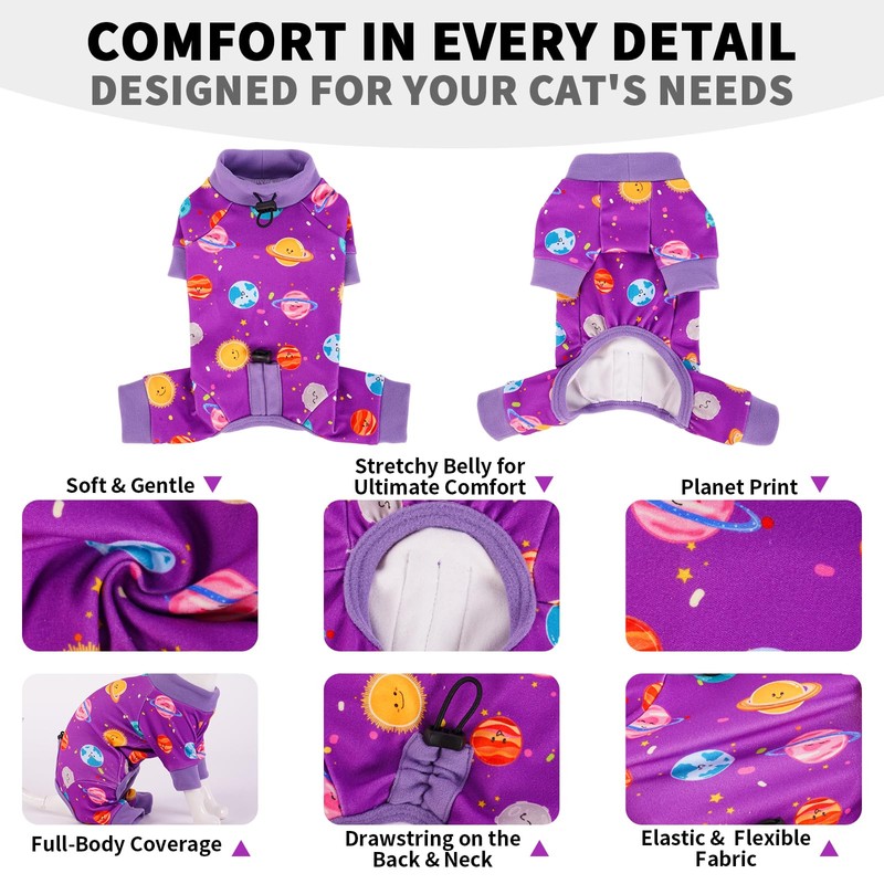 OUOBOB Sticky Hair Cat Clothes, Anti-Shedding Cat Pajamas, Purple S