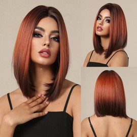 BERON Black Red Ombre Bob Wigs Straight Short Hair Wigs for Women Ombre Color Middle Part Synthetic Wigs Daily Party Use