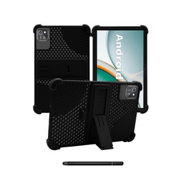 for aiprotablet C20e 10 inch Android Tablet Case,BOVUGAC Soft Silicone with Capacitive Pen,Heat Dissipation Design,Adjustable Stand,Shockproof,Kids Friendly(Black)