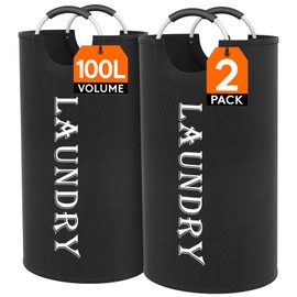 Lifewit 100L 2-Pack Large Laundry Basket, Collapsible Laundry Hamper with Aluminum Handles, Waterproof Freestanding Dirty Clothes Hampers for Laundry Room Bedroom Dorm Bathroom, Black